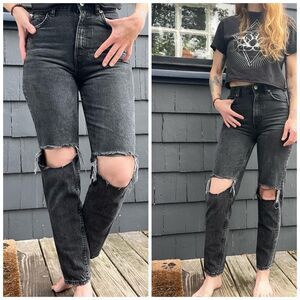 Zara Women 2 Denim Jean Pant Faded Black  Distressed Ripped Cotton 90s Style